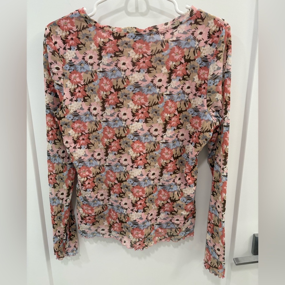 Vintage Y2K Floral Lettuce Hem Mesh Fitted Stretchy Top Size Large - Picture 10 of 15